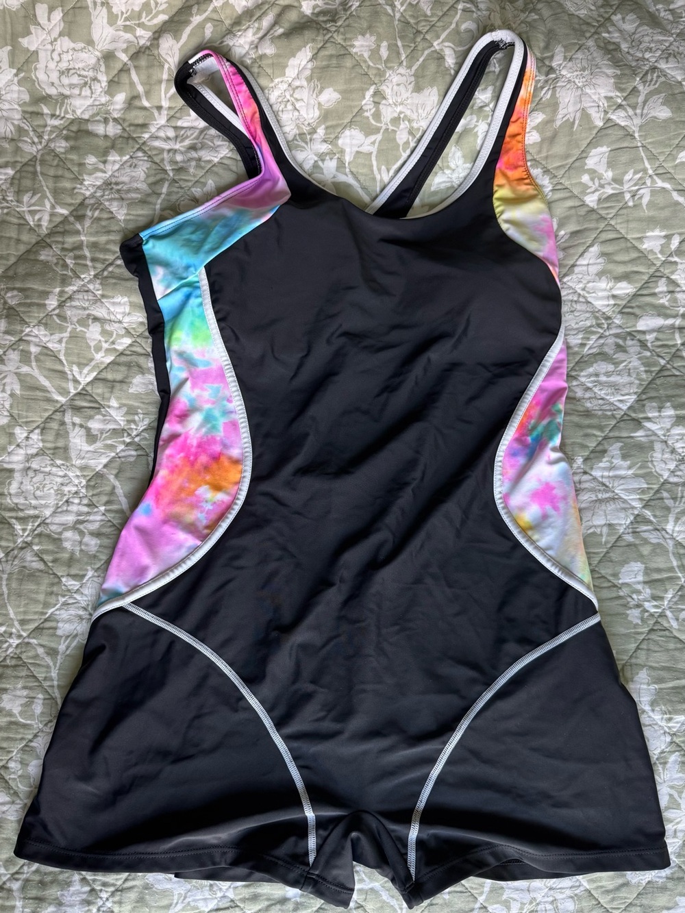 Women’s Black One-Piece Swim Suit with Tie-Dye Side Panels